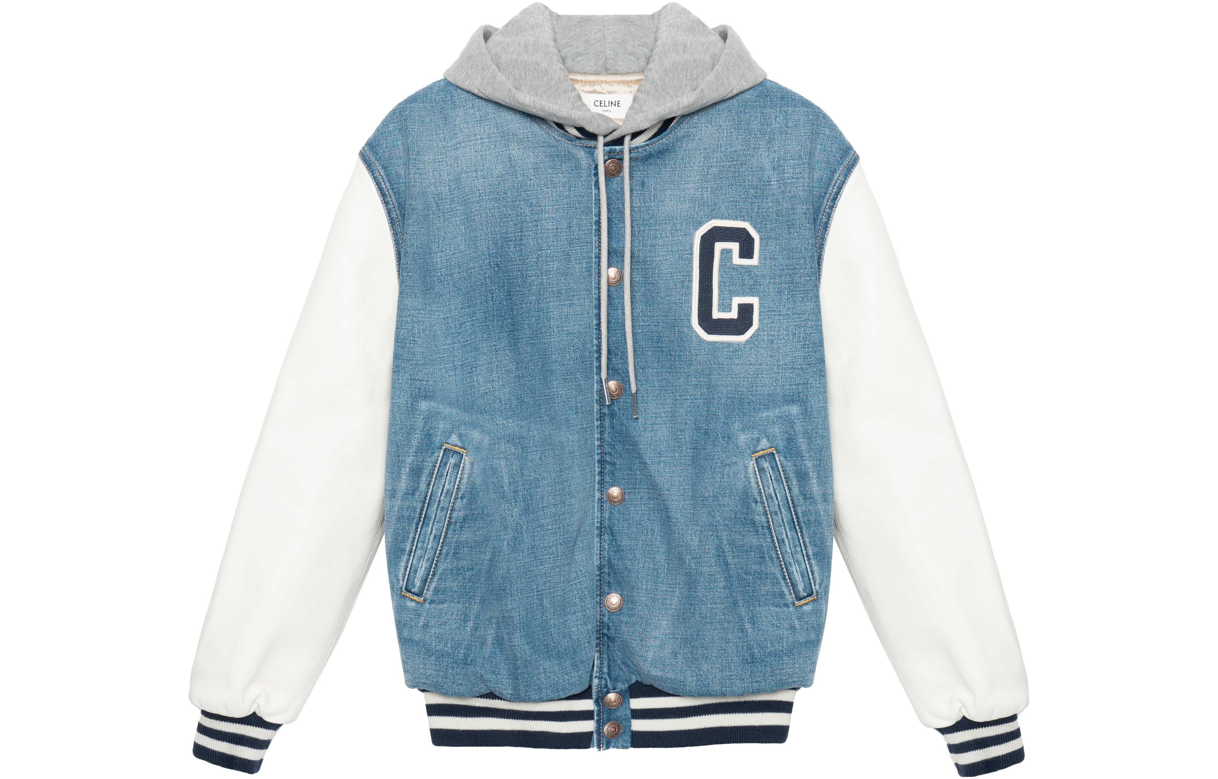 CELINE FW22 Hooded Varsity Jacket in Pismo Wash Denim
