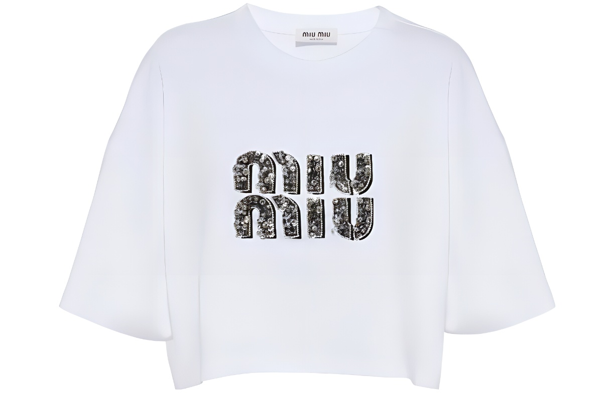 MIU MIU アイボリーコットンTシャツ ホワイト エンブロイダリー コットンジャージー Tシャツ | Miu Miu