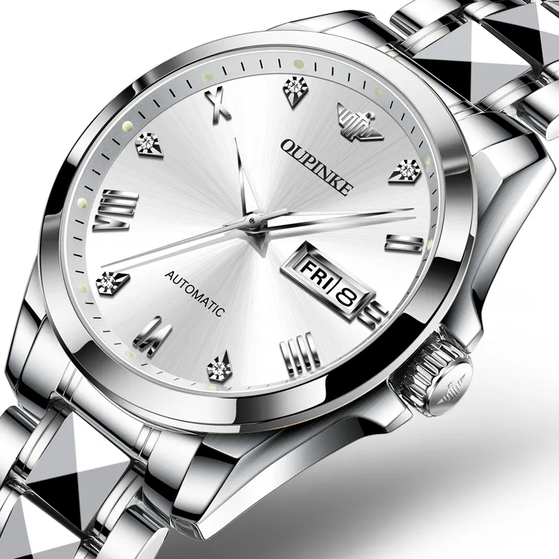 Oupinke Gaias Collection Watch Couple's 1 Pair Mechanical Movement Stainless Steel Watchband Watch Unisex White Dial-21