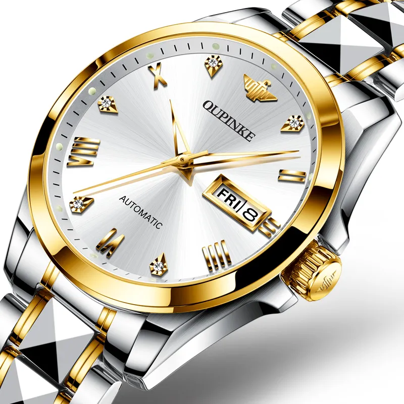 Oupinke Gaias Collection Watch Couple's 1 Pair Mechanical Movement Stainless Steel Watchband Watch Unisex White Dial-1