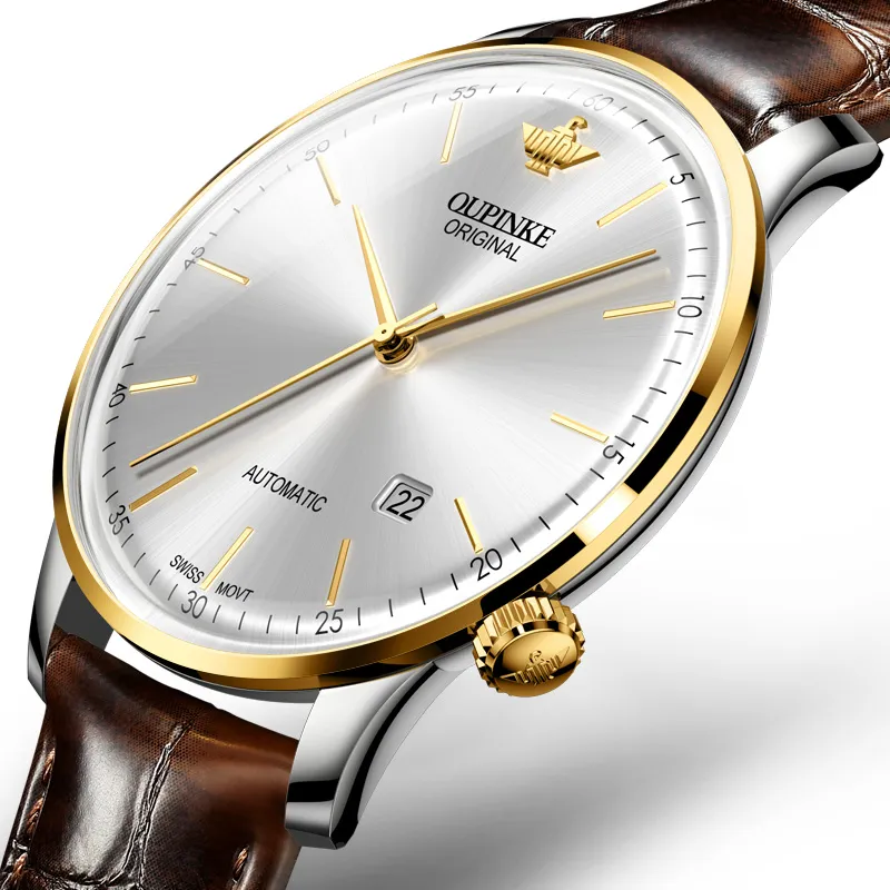Oupinke Balmont Collection Extra Thin Mechanical Movement Leather Strap Watch Men's Watches White Dial-19