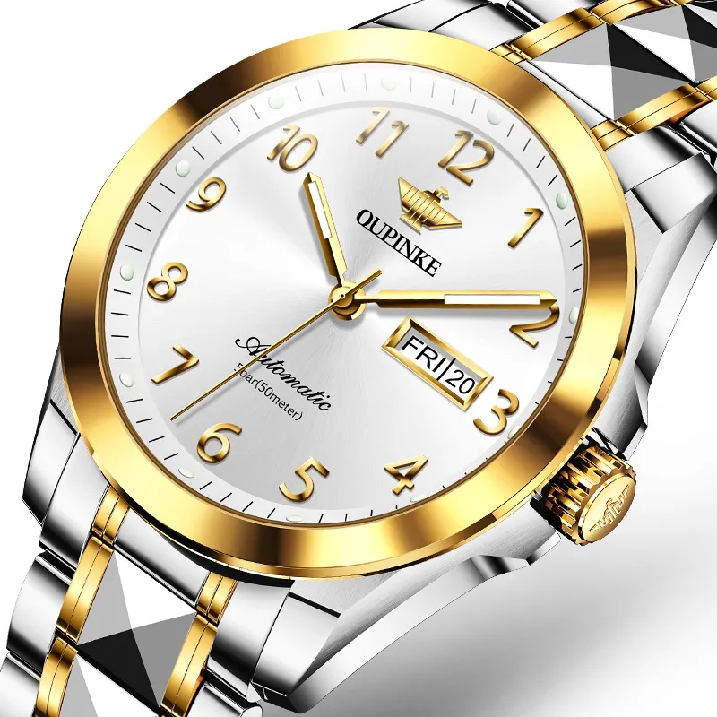 Oupinke Watch Couple's 1 Pair Mechanical Movement Stainless Steel Watchband Watch Unisex White Dial-10