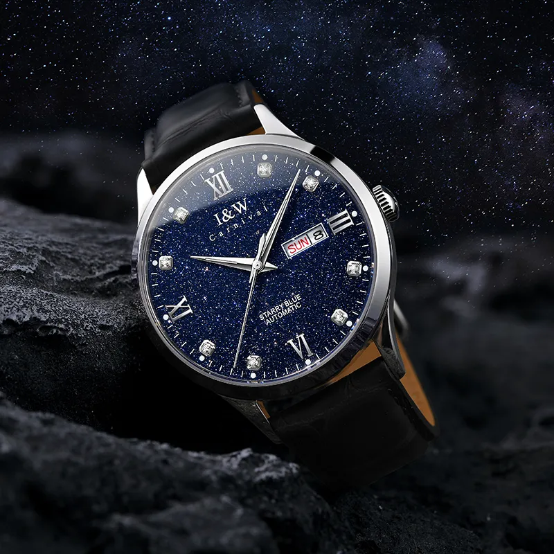 I&W CARNIVAL HWGUOJI Automatic Mechanical Movement Cowhide Strap Watch Men's Watches Blue Dial-8