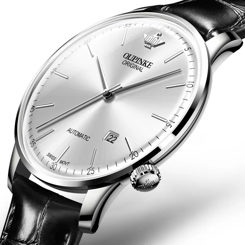 Oupinke Balmont Collection Extra Thin Mechanical Movement Leather Strap Watch Men's Watches White Dial-3