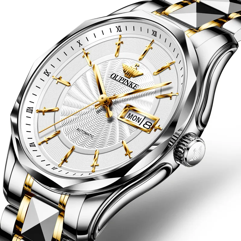 Oupinke Watch Couple's 1 Pair Mechanical Movement Stainless Steel Watchband Watch Unisex White Dial-1