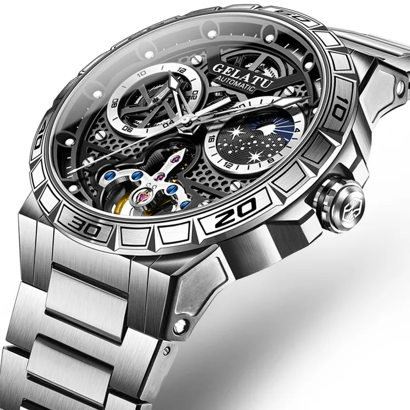 GELATU Mechanical Movement Stainless Steel Watchband Watch Men's Watches Black Dial-1