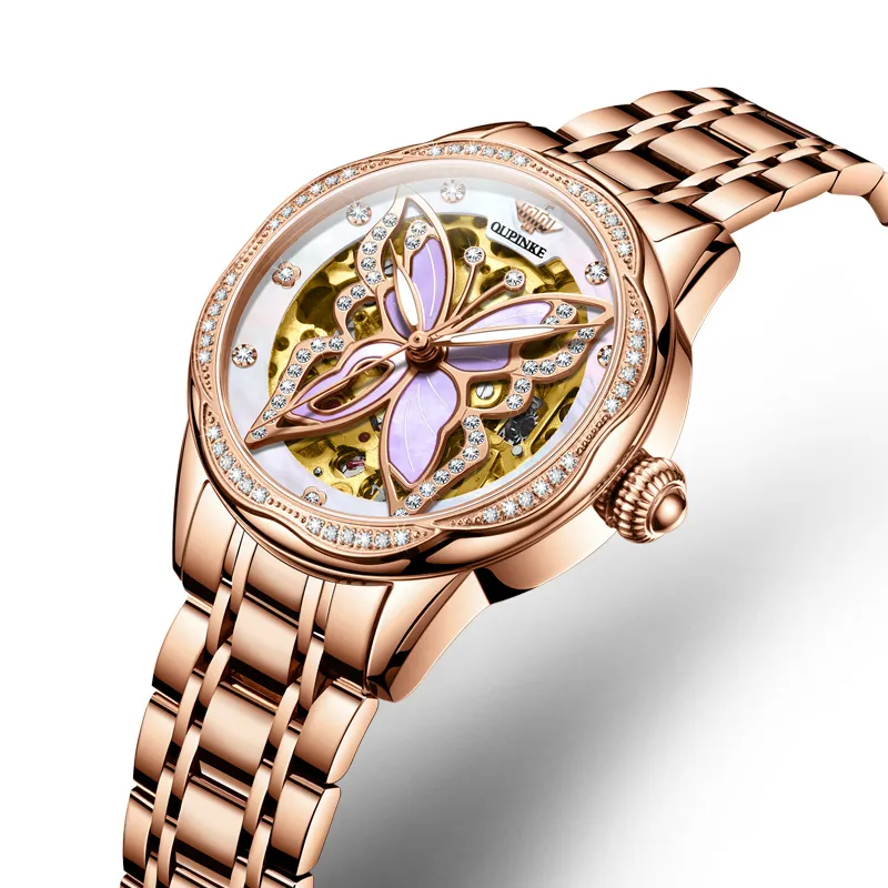 Oupinke AIR-BORN Collection Ceramic Rhinestone-Embellished Mechanical Movement Watch Women's Watch White Dial-7