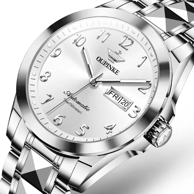 Oupinke Watch Couple's 1 Pair Mechanical Movement Stainless Steel Watchband Watch Unisex White Dial-2