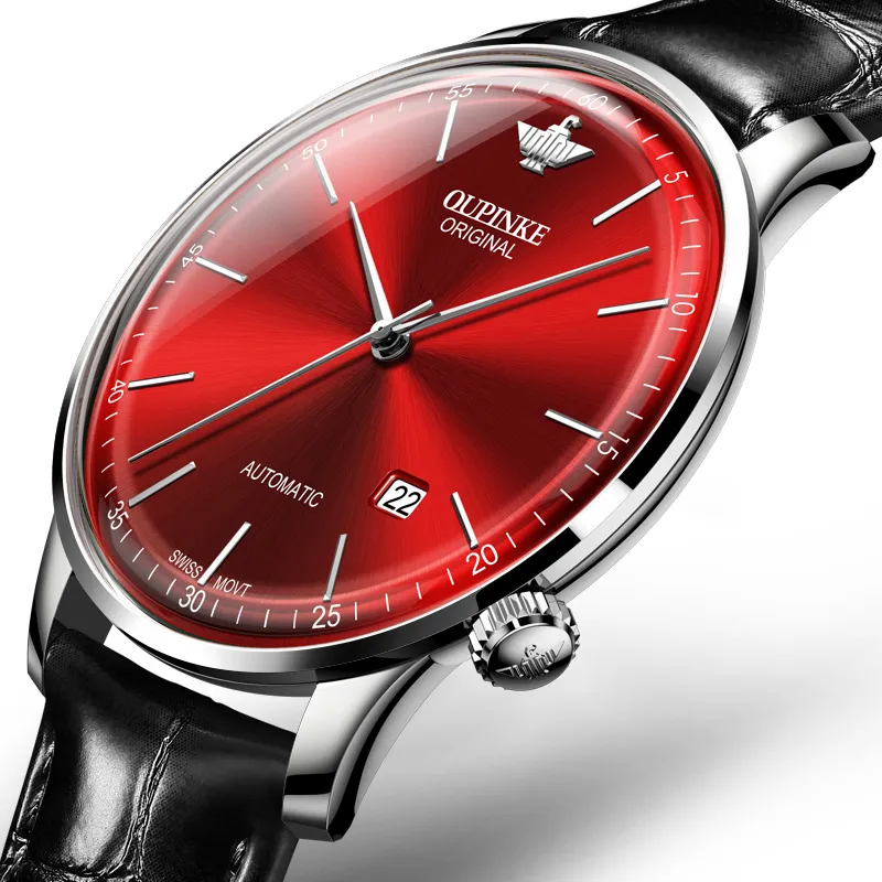 Oupinke Balmont Collection Extra Thin Mechanical Movement Leather Strap Watch Men's Watches White Dial-11