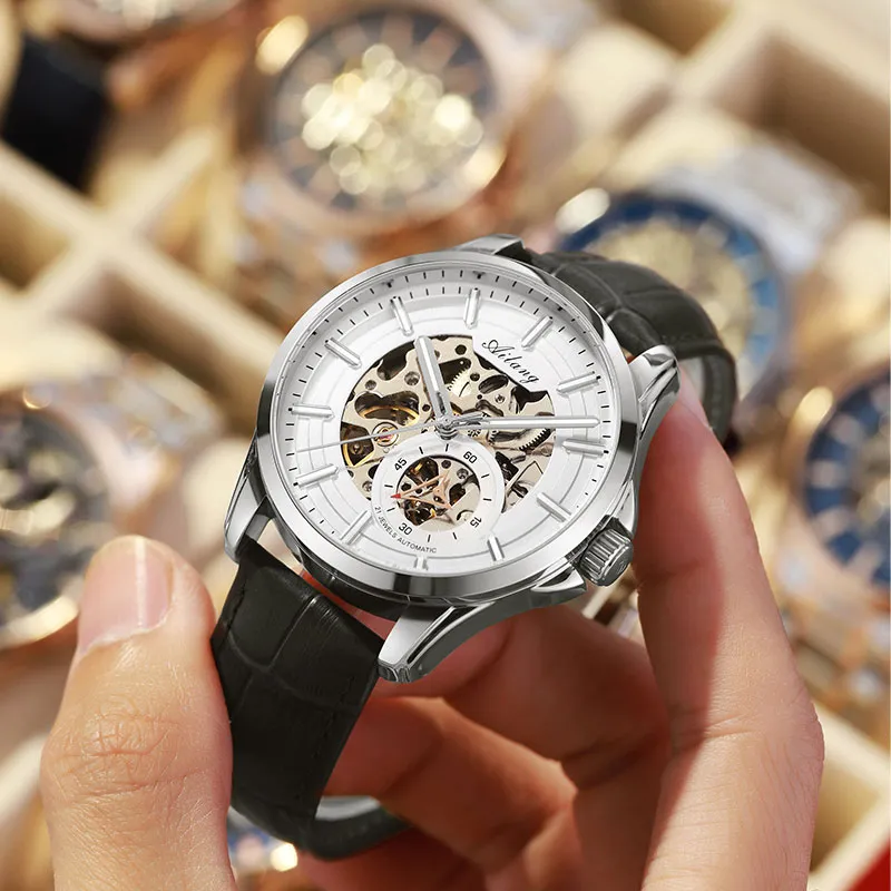 AILANG Automatic Mechanical Movement Genuine Leather Strap Watch Men's Watches White Dial-1