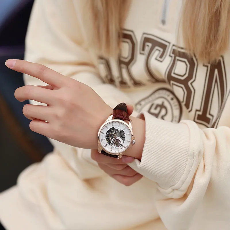 AILANG Automatic Mechanical Movement Genuine Leather Strap Watch Men's Watches White Dial-23