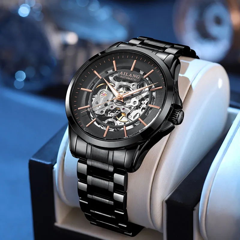 AILANG Automatic Mechanical Movement Stainless Steel Watchband Watch Men's Watches Black Dial-3