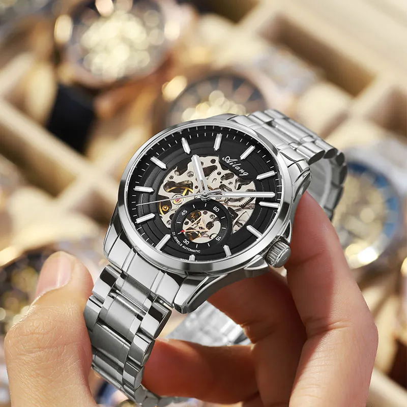 AILANG Automatic Mechanical Movement Genuine Leather Strap Watch Men's Watches White Dial-10
