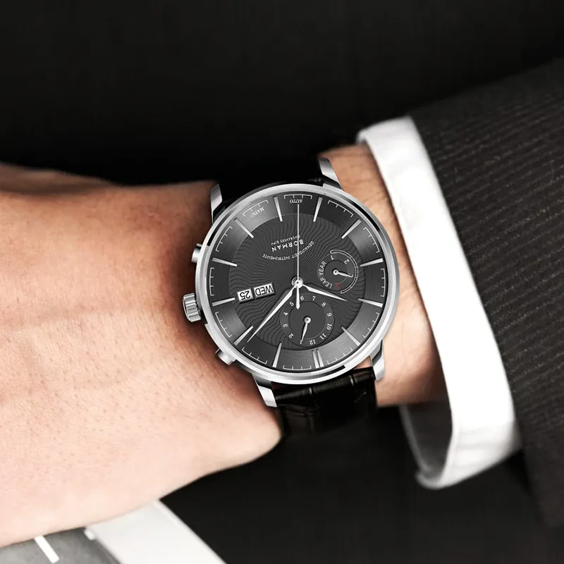BORMAN Fashion Casual Style Automatic Mechanical Movement Genuine Leather Strap Watch Men's Watches Black Dial-3