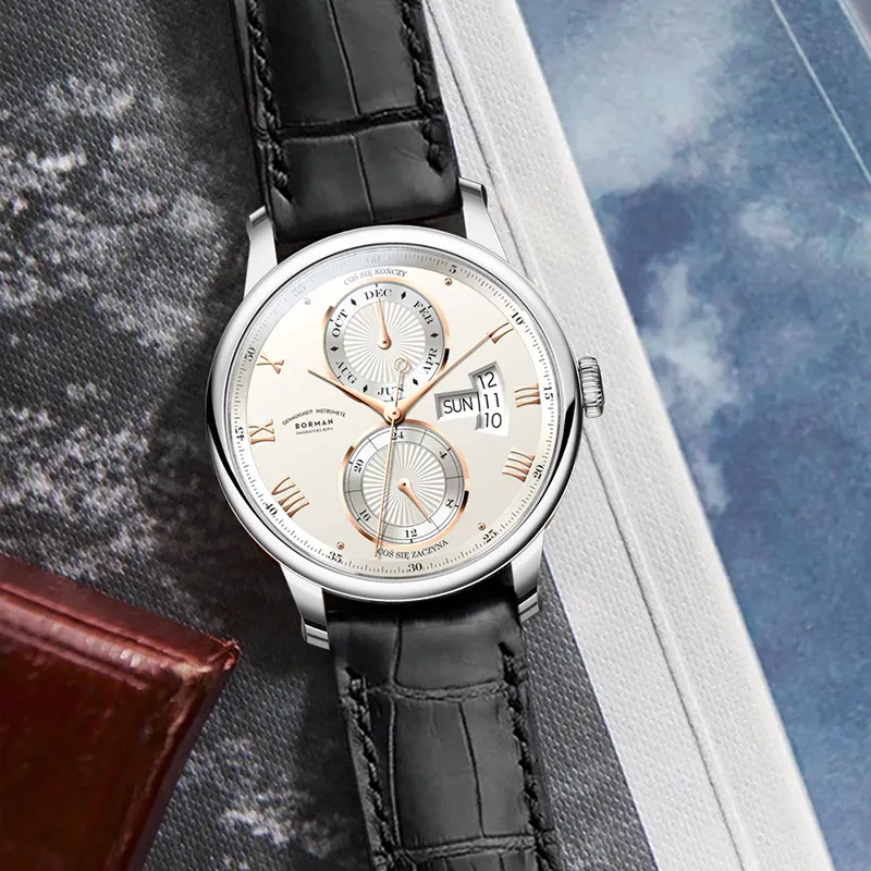 BORMAN Automatic Mechanical Movement Genuine Leather Strap Watch Men's Watches White Dial-1