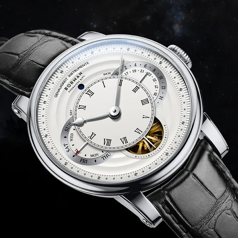BORMAN Automatic Mechanical Movement Genuine Leather Strap Watch Men's Watches Black Dial-3