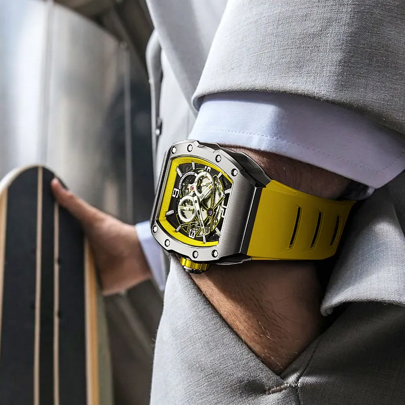 BONEST GATTI Phantom Time Automatic Mechanical Movement Rubber Strap Watch Men's Watches Yellow Watch Dial-4