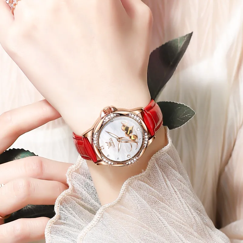 OLEVS Mechanical Movement Leather Strap Watch Women's Watch Mother of Pearl Color Watch Dial-6