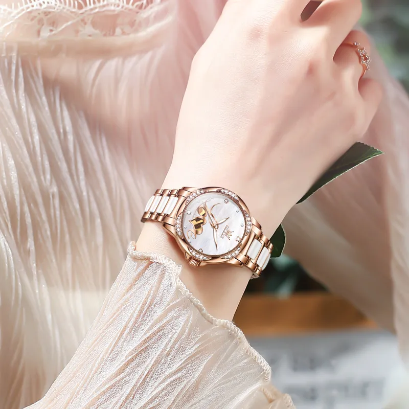 OLEVS Mechanical Movement Leather Strap Watch Women's Watch Mother of Pearl Color Watch Dial-2