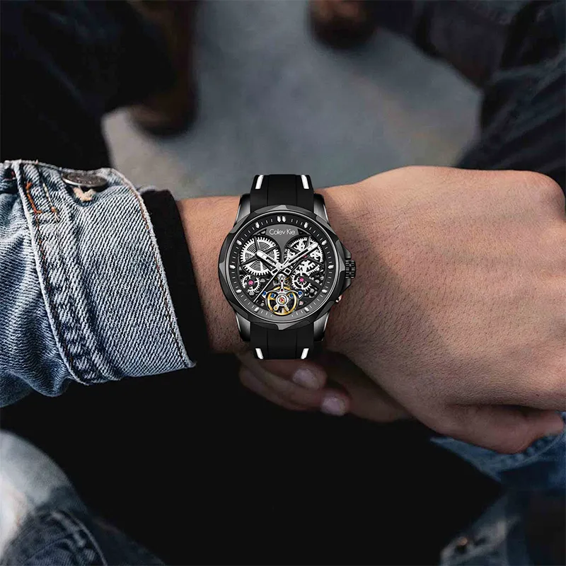 Colev Kie Automatic Mechanical Movement Rubber Strap Watch Men's Watches Silver Dial-7