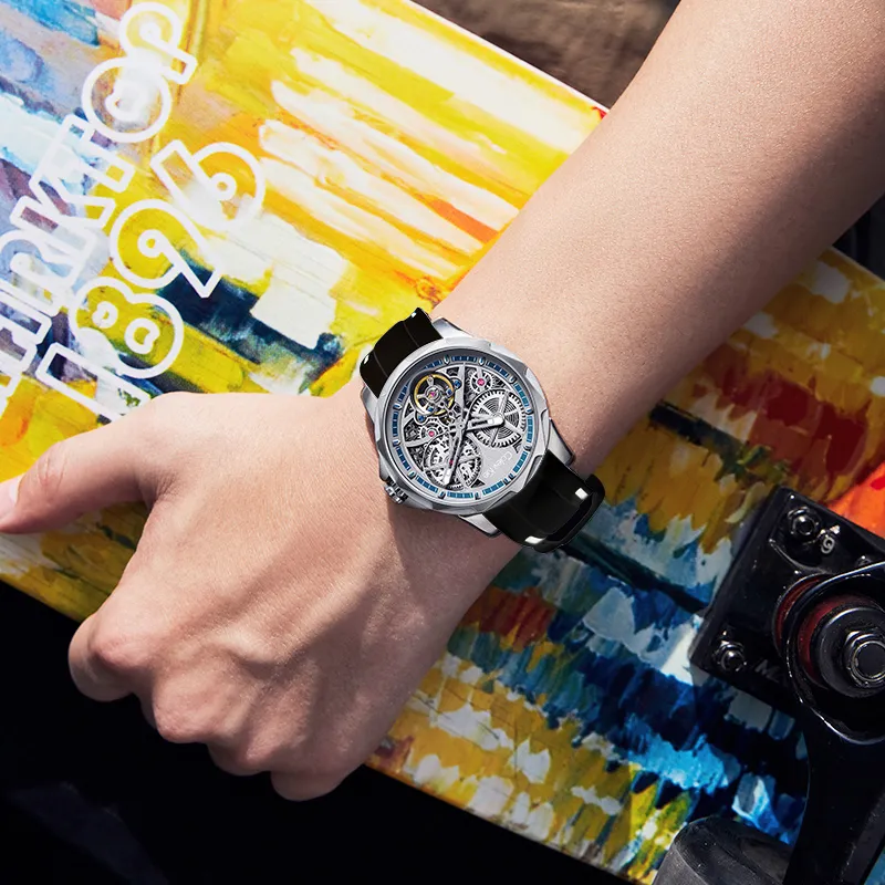 Colev Kie Automatic Mechanical Movement Rubber Strap Watch Men's Watches Silver Dial-5