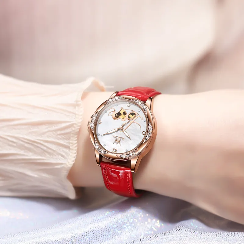 OLEVS Mechanical Movement Leather Strap Watch Women's Watch Mother of Pearl Color Watch Dial-10