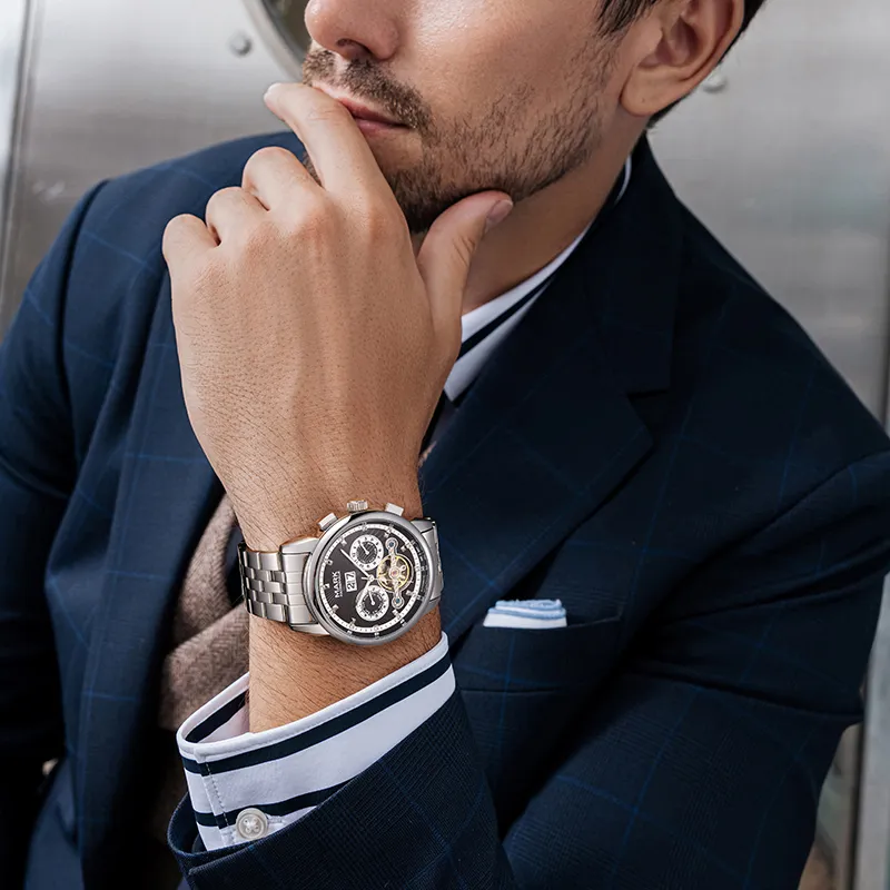 FAIRWHALE Men's Watch Mechanical Movement Metal Strap Watch Men's Watches Blue Dial-5