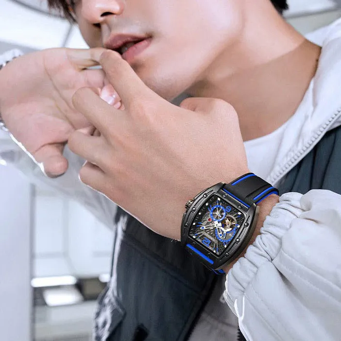 FAIRWHALE Pioneer Collection Men's Watch Mechanical Movement Silicone Strap Watch Men's Watches Blue Dial-1