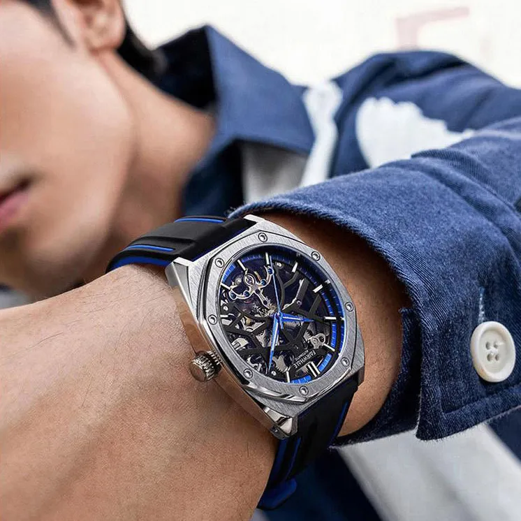 FAIRWHALE Pioneer Collection Men's Watch Automatic Mechanical Movement Rubber Strap Watch Men's Watches Cut Out Dial-3