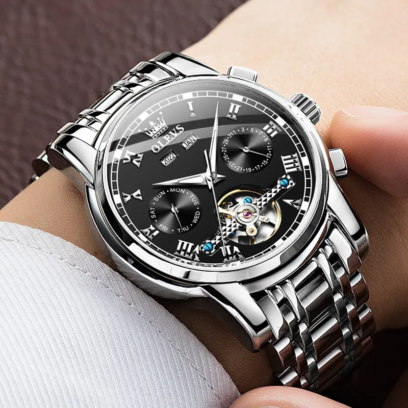 OLEVS Play The Cool Series Mechanical Movement Stainless Steel Watchband Watch Men's Watches Black Dial-1