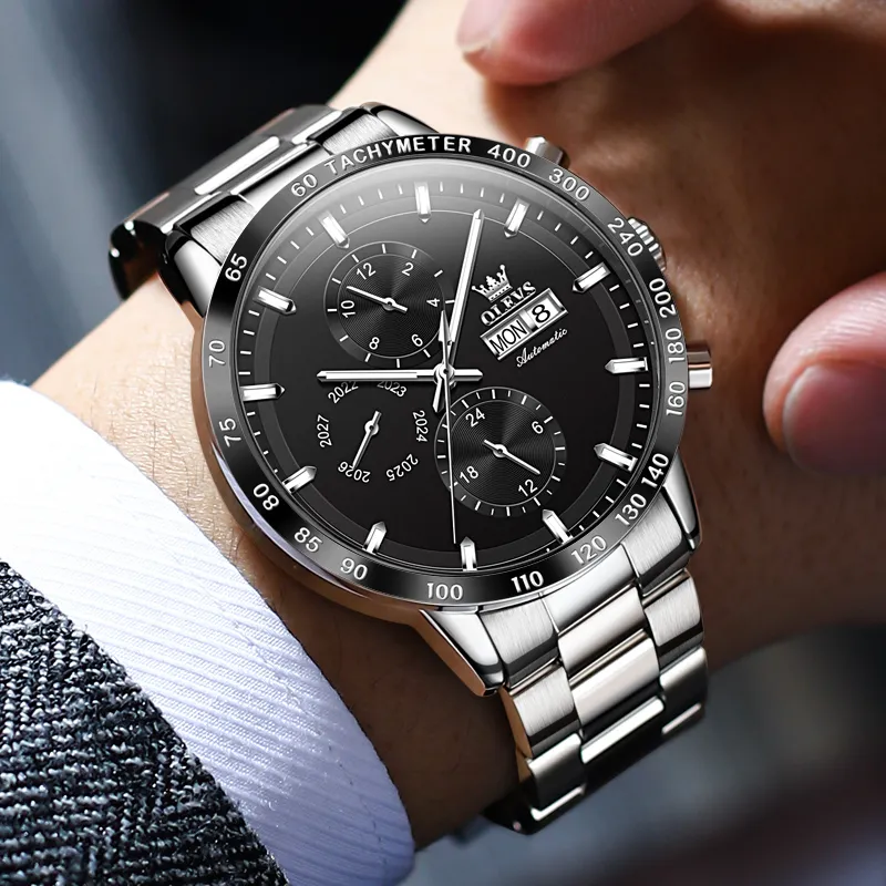 OLEVS Texture Multifunction Mechanical Movement Stainless Steel Watchband Watch Men's Watches Black Dial-8