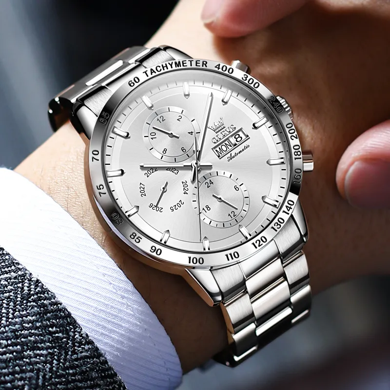 OLEVS Texture Multifunction Mechanical Movement Stainless Steel Watchband Watch Men's Watches Black Dial-4
