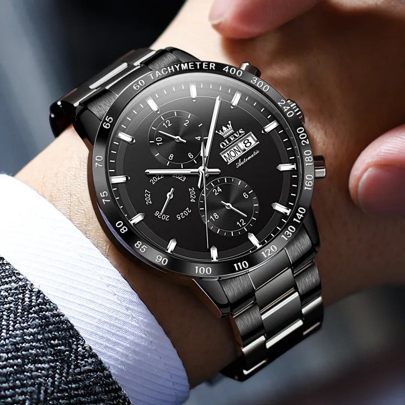 OLEVS Texture Multifunction Mechanical Movement Stainless Steel Watchband Watch Men's Watches Black Dial-13