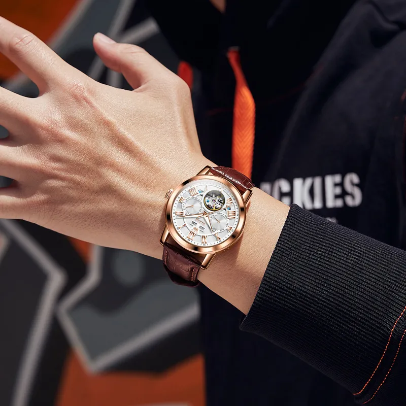 OLEVS Play The Cool Series Automatic Mechanical Movement Leather Strap Watch Men's Watches White Dial-24