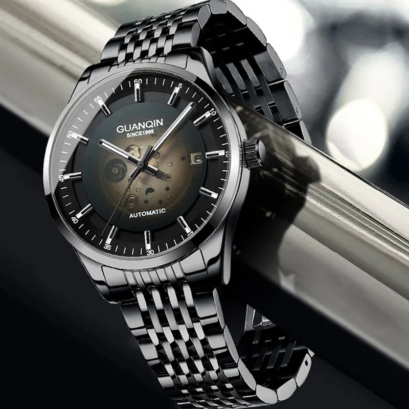 GUANQIN Automatic Mechanical Movement Stainless Steel Watchband Watch Men's Watches Black Dial-8