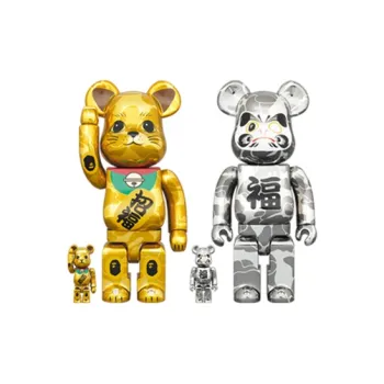 BE@RBRICK x BAPER Maneki Neko & Daruma Gold Plated Lucky Cat & Silver Plated Daruma 4 Pack Set Trendy Figures 100%400%