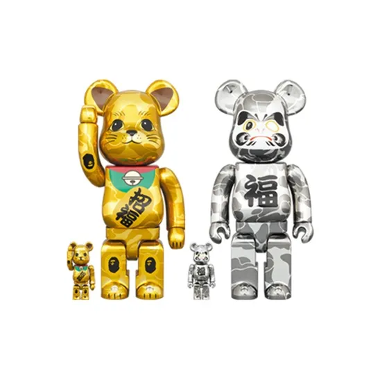 BE@RBRICK x BAPER Maneki Neko & Daruma Gold Plated Lucky Cat & Silver Plated Daruma 4 Pack Set Trendy Figures 100%400%-0