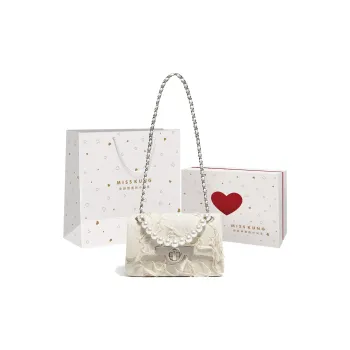 Miss Kung Cow Leather Embroidered Denim Fringe Girl Bag Chanel Inspired Chain Pearl Shoulder Bag Regular Women's Ecru