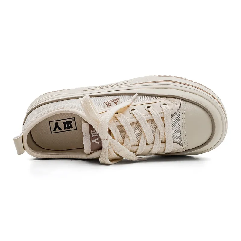 RENBEN Wear-Resistant Breathable Height Increasing Low-Top Canvas Shoes Women's Beige-3