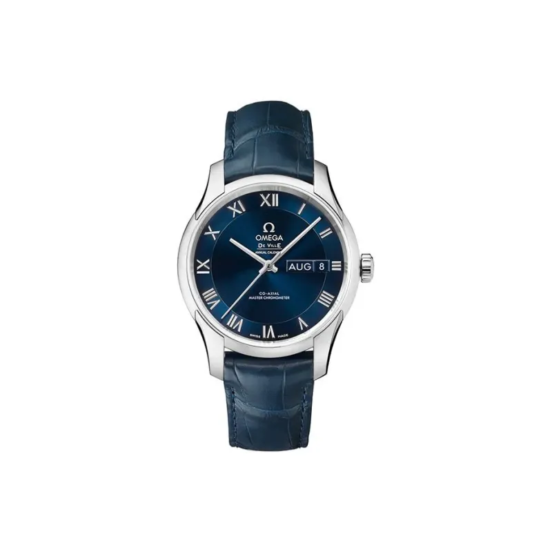 OMEGA Automatic Mechanical Movement Men's Watches Watch Blue Dial Stainless Steel Case Crocodile Leather Strap-0