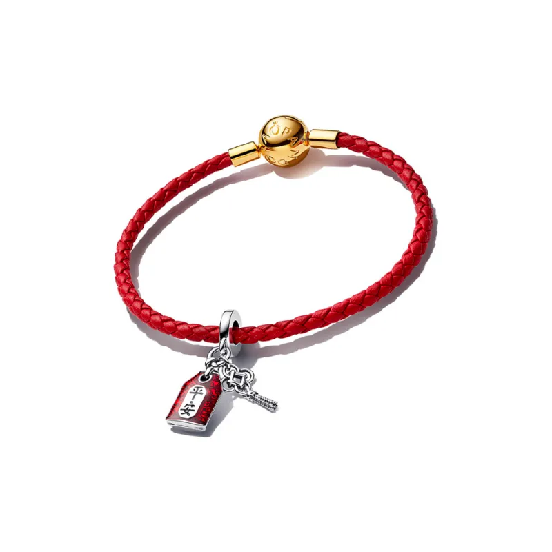 Pandora 925 Sterling Silver Cow Leather Bracelets Women's Red-1