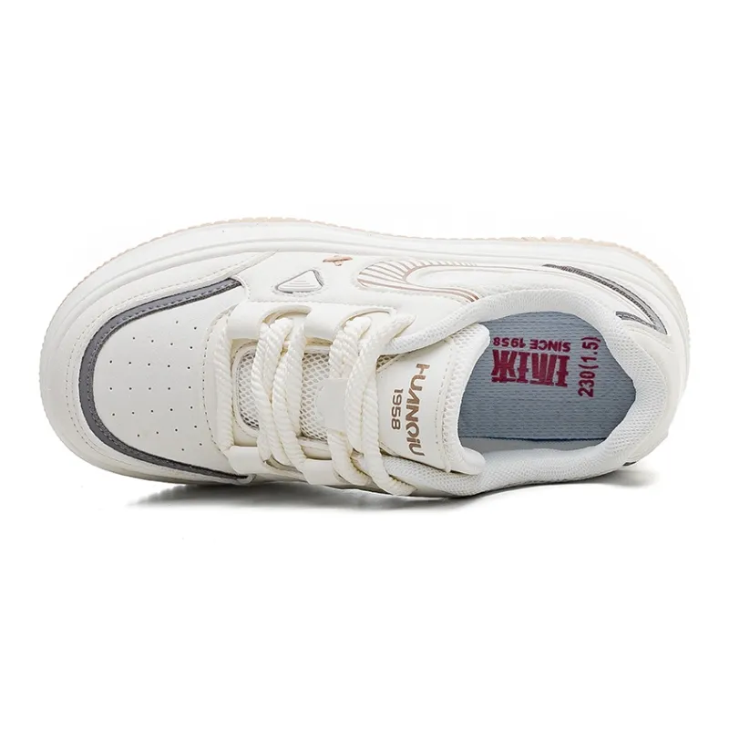 HUANQIU Non slip Lightweight Mid Top Skateboard Shoes Women's White Khaki-3