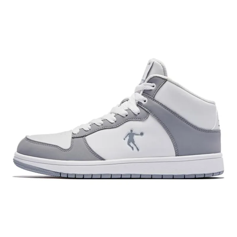 QIAODAN Durable Breathable High Top Skateboard Shoes Men's White Gray-0