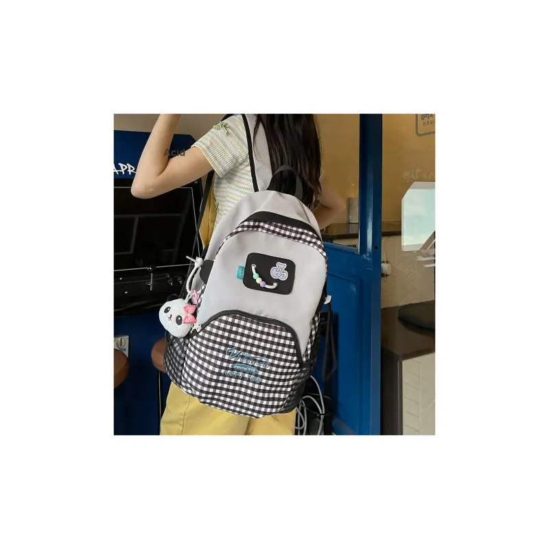 HACIN Nylon Backpack Regular Unisex Green Purple & Light Yellow/Black Plaid-5