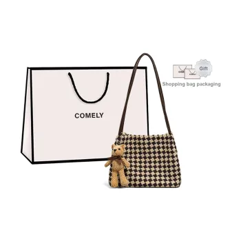 COMELY Fabric Tote Bag Shoulder Bag Women's Checkered Coffee
