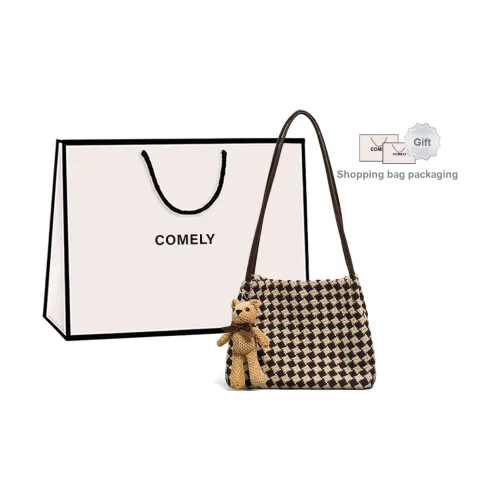 COMELY Fabric Tote Bag Shoulder Bag Women's Checkered Coffee