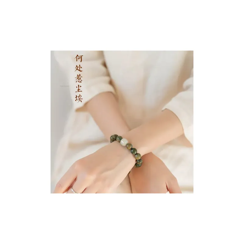 FANGYUANXIAOFU Green Sandalwood Plain Loop Beaded Bracelet, Single Wrap Handheld Zen Buddhist Bead Unisex-1