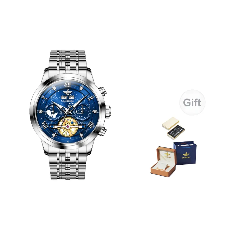 Oupinke Automatic Mechanical Movement Stainless Steel Watchband Watch Men's Watches Blue Dial-29