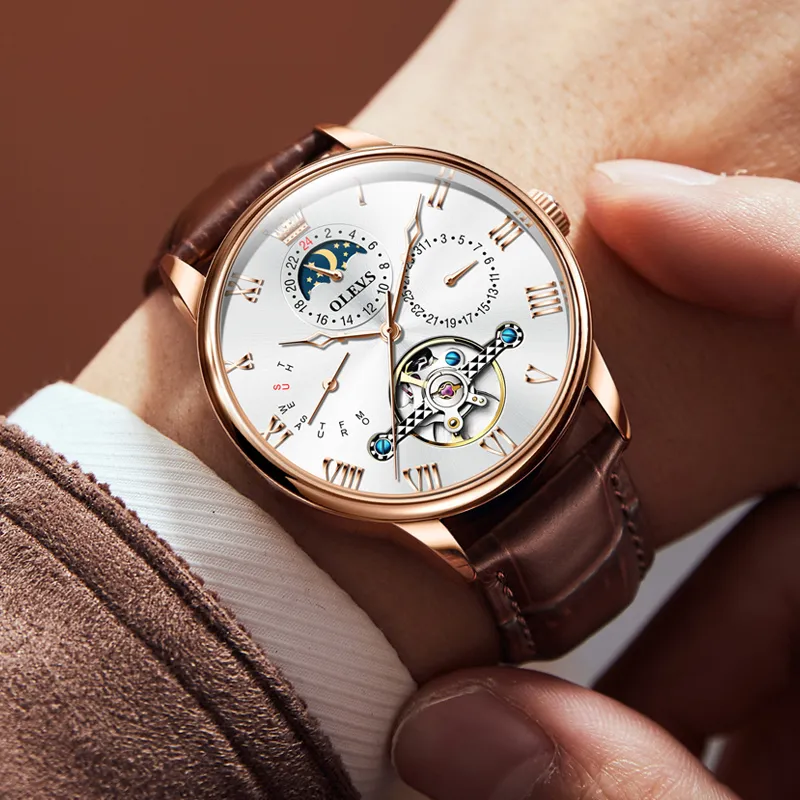 OLEVS Mechanical Movement Leather Watch Bands Watch Men's Watches White Dial-3
