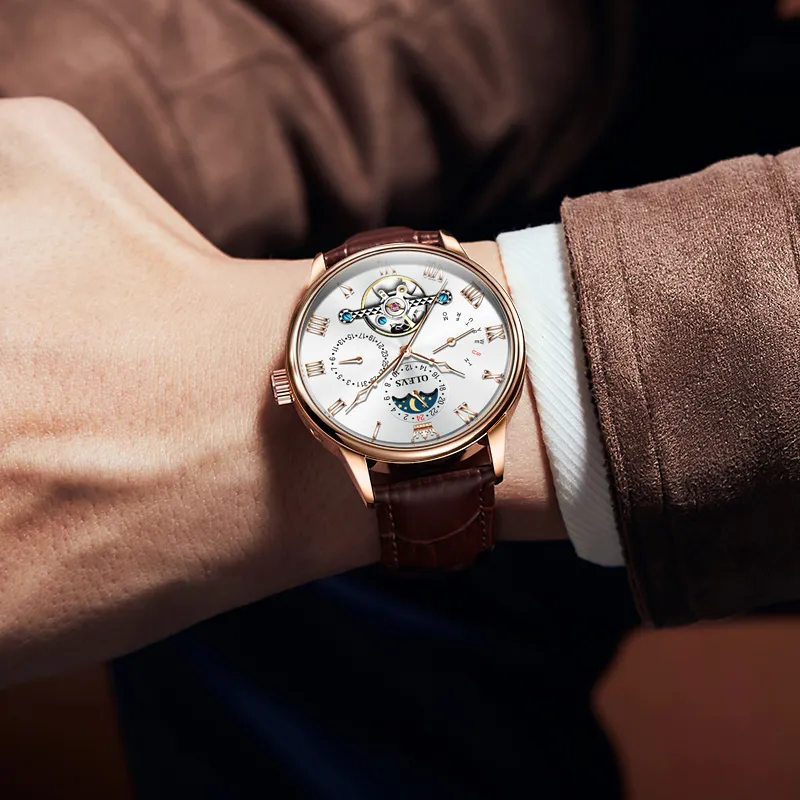 OLEVS Mechanical Movement Leather Watch Bands Watch Men's Watches White Dial-4